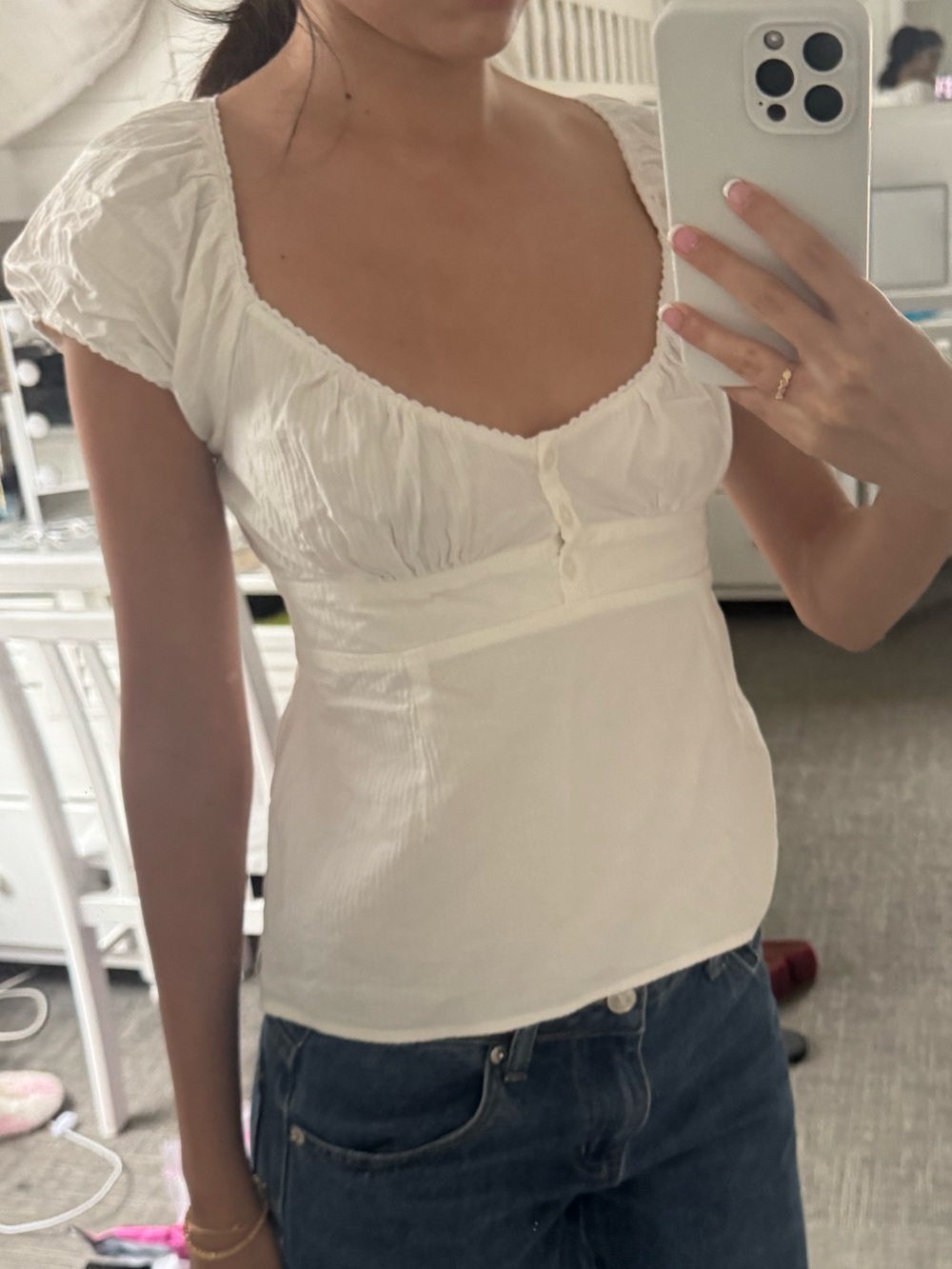 Brandy Melville White Puff Sleeve Scoop Neck Top